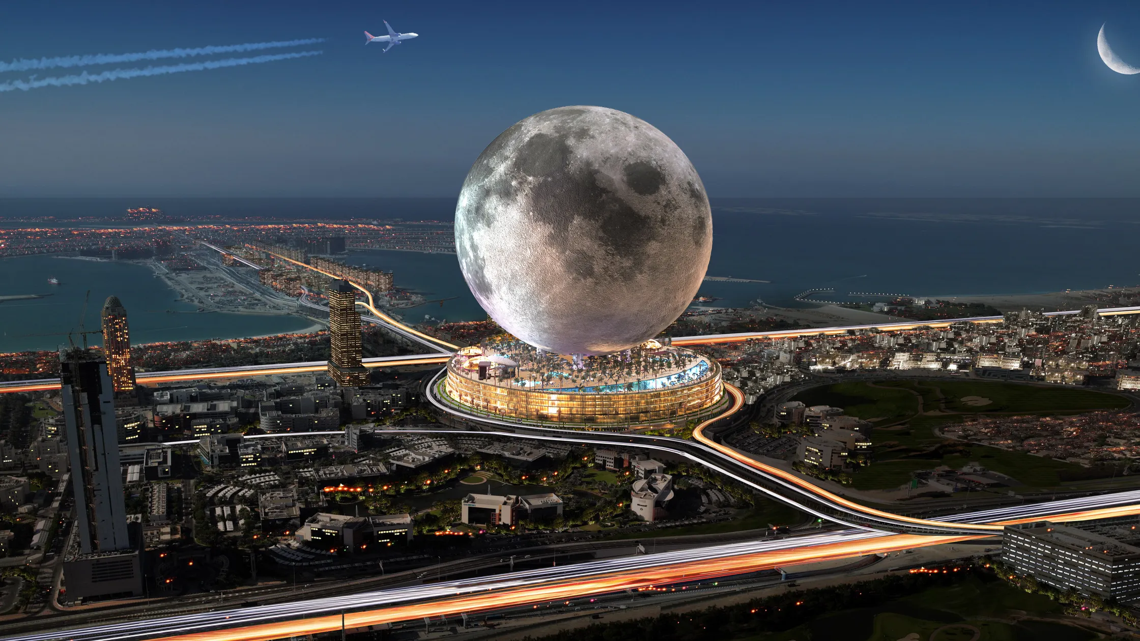 Si elle apparaît titanesque dans le paysage urbain de Dubaï, la structure Moon n'est qu'en phase de développement et ne verrait le jour qu'en 2027. © Moon World Resorts Inc. 